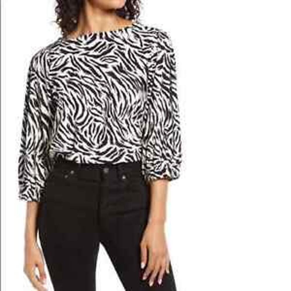 Halogen Hidden Button Long Sleeve‎ Blouse In Ivory C- Black Feather Tiger M NEW